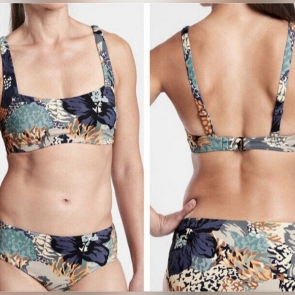 Athleta Bra Square Neck Printed Bikini Top Bora Bora Neutral Floral Print 40D/DD - Picture 2 of 16